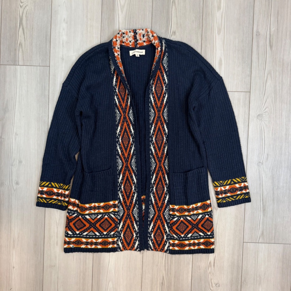 Lucky Brand Navy Blue Southwestern Geometric Open Front Cardigan Sweater Medium